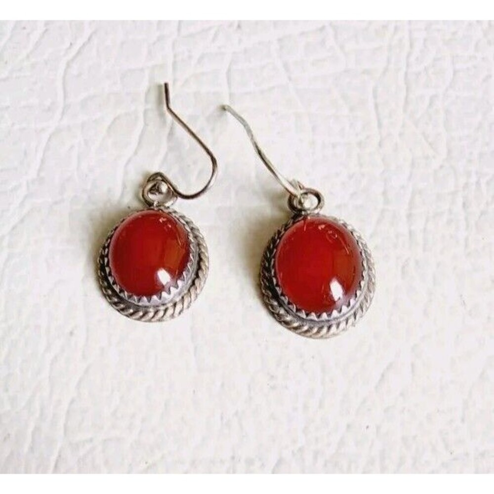 Native American AMB Sterling 925 Silver Carnelian Handmade Ovals Earrings 4.73g - Picture 2 of 7